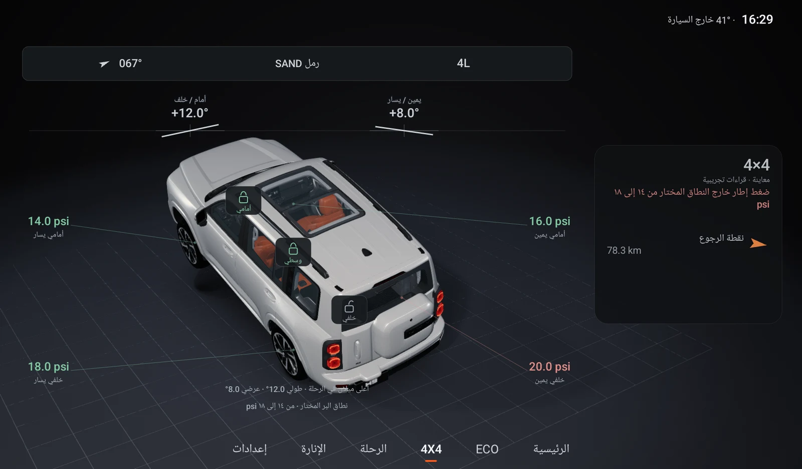 عرض 4X4 مع ميلان السيارة وضغط الإطارات ببيانات تجريبية